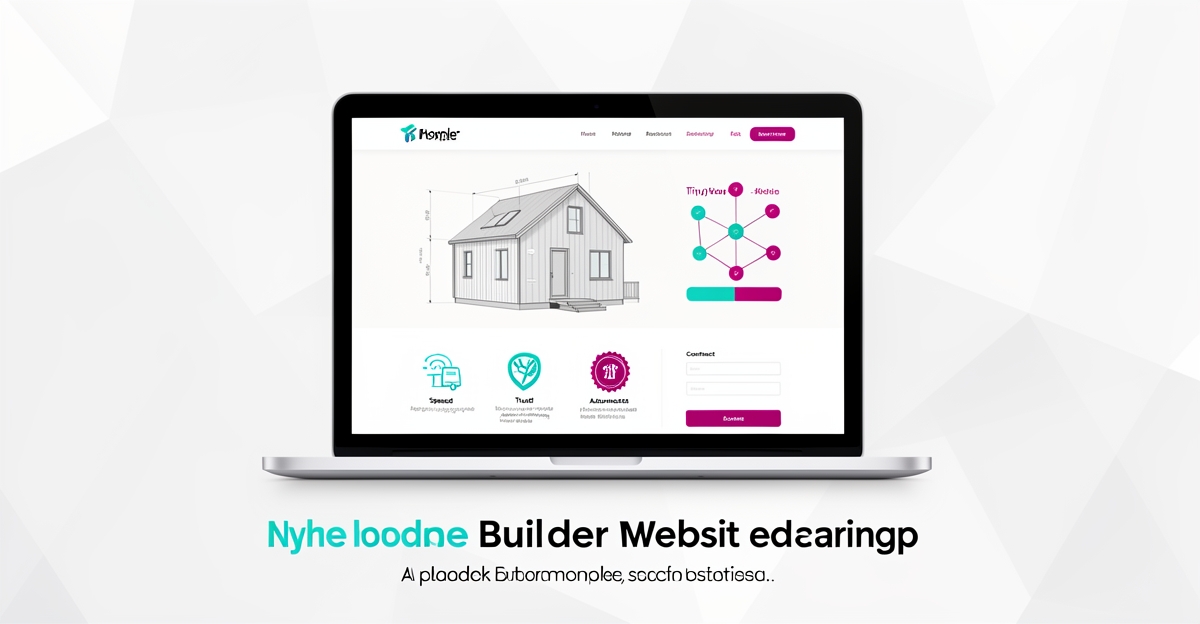 Flat illustration of a tiny home builder website with AI icons and a laptop showing blueprints and lead conversion elements.