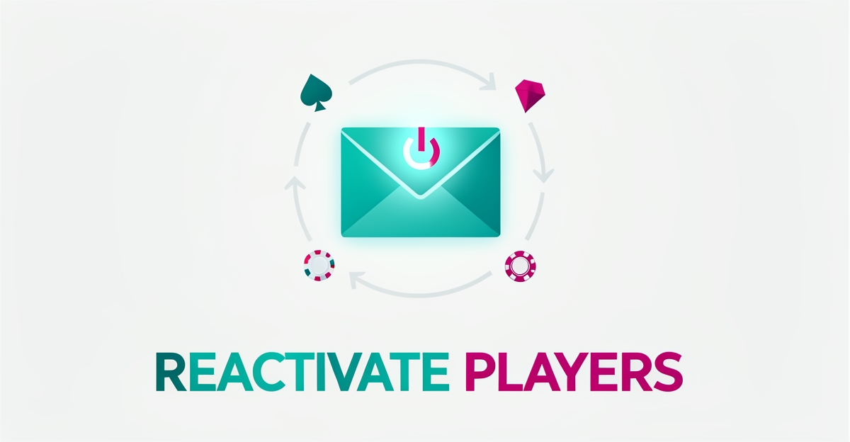 Flat illustration of a glowing envelope with automated cycle arrows and casino card suit accents, symbolizing email sequences that reactivate lapsed players.