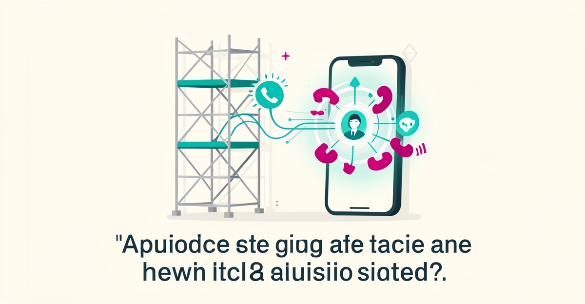 Flat illustration of a scaffolding structure beside a smartphone routing missed calls to an AI voice agent, accented in teal and magenta.