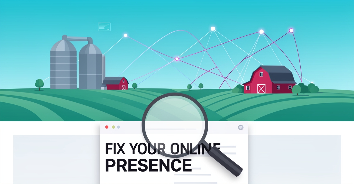 A minimalist flat illustration of a farm with digital network lines and a magnifying glass over a website, symbolizing improved online visibility for agricultural co-ops using brand colors teal and magenta.