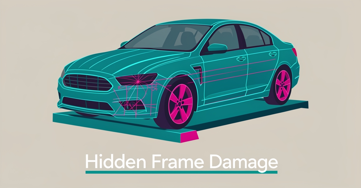 Flat illustration of a car on an alignment rack with glowing diagnostic lines revealing hidden frame damage, accented in teal and magenta.