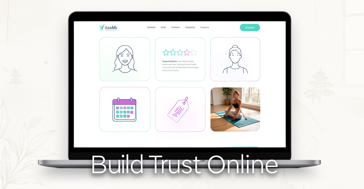 Minimalist flat illustration of a yoga studio website interface with five trust-building feature icons and the headline 'Build Trust Online' in the lower third, using brand colors #2aabb6 and #d946ef.