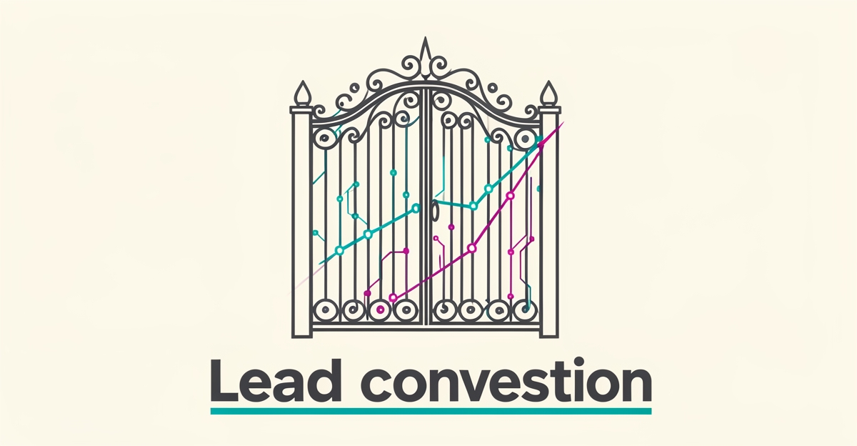 Flat illustration of a wrought-iron gate merged with AI circuit lines in teal and magenta, symbolizing smart website features for ironwork businesses.