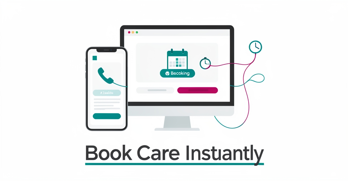 Flat illustration of a healthcare website with online scheduling on a phone and desktop, accented in teal and magenta, with headline Book Care Instantly.