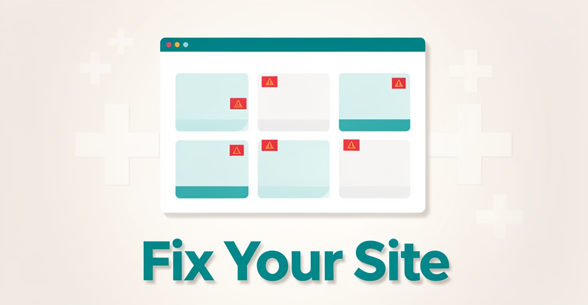 Flat illustration of a medical website browser frame with five red warning markers and headline Fix Your Site.