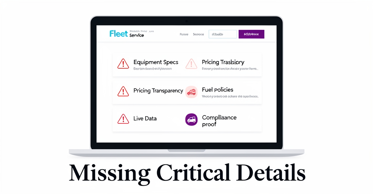 A clean modern flat illustration of a fleet service webpage with red warning icons highlighting missing service details like specs, pricing, and compliance, using brand colors as accents.