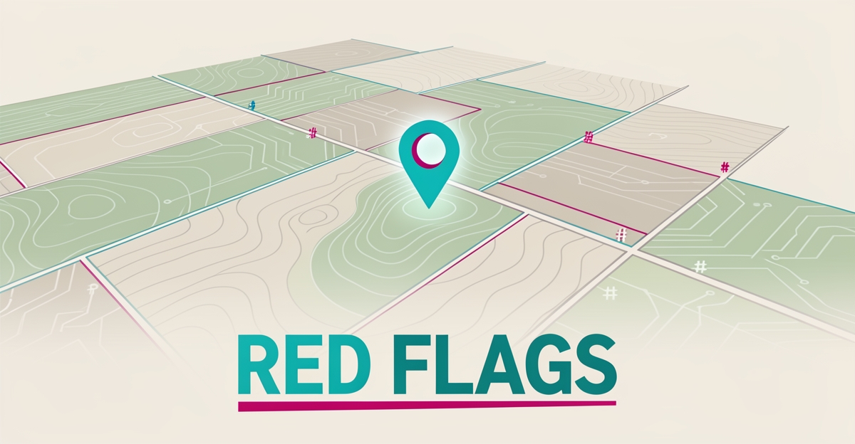 Flat illustration of farmland parcels with a GIS map overlay and location pin, headline reading Red Flags.