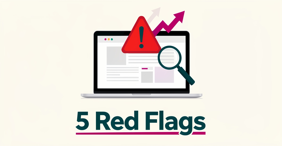 Flat illustration of a laptop showing a website wireframe with a red warning flag and rising conversion arrows, headlined 5 Red Flags.