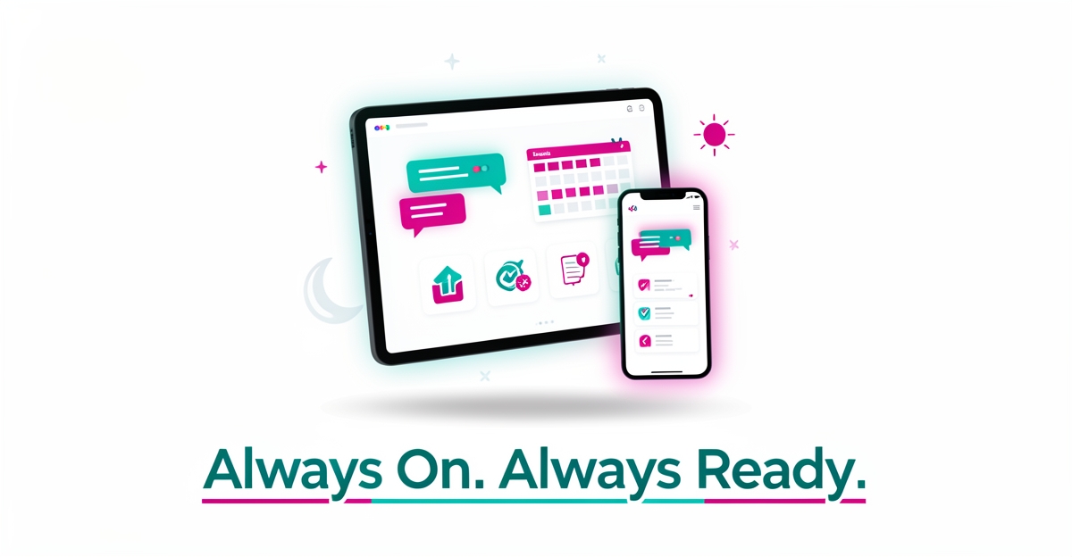 Flat illustration of AI tutoring website on devices showing 24/7 chat and booking features with teal and magenta accents.