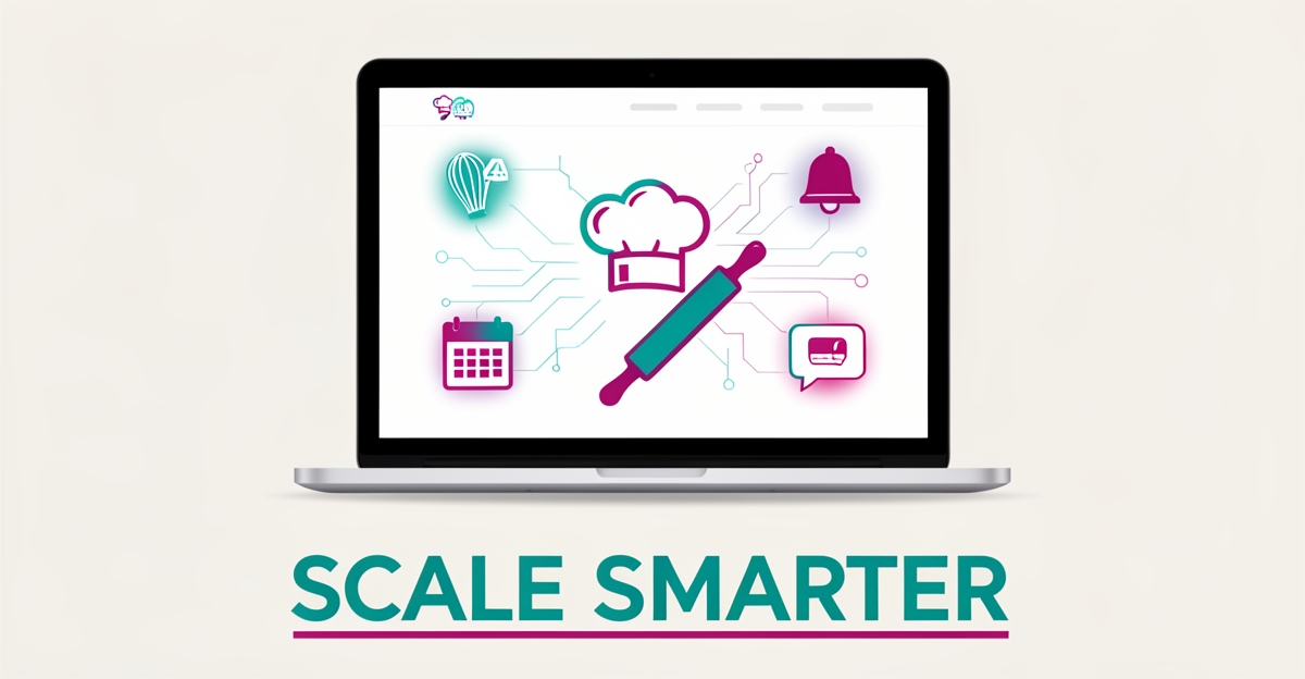Flat illustration of a laptop with a culinary school website, AI automation icons, and the headline Scale Smarter in brand colors.