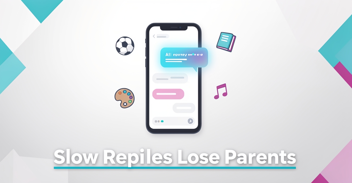 Flat illustration of a smartphone with AI chat bubble and activity icons, branded colors, with headline 'Slow Replies Lose Parents' in lower third for after-school program engagement concept.