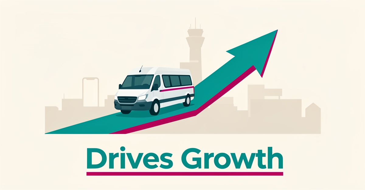 Flat illustration of an airport shuttle van driving up a growth-arrow road toward a terminal, accented in teal and magenta with the headline Drives Growth.