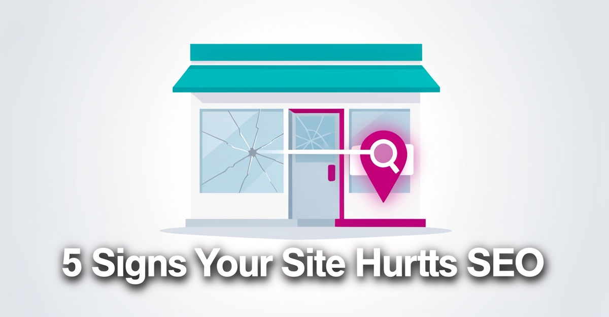 Flat illustration of an auto glass shop with a windshield transforming into a map pin and search bar, symbolizing local SEO issues, with brand-colored accents and a headline overlay.