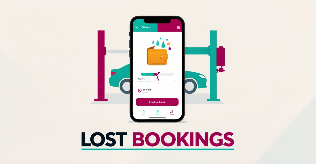 Flat illustration of a smartphone booking app with a broken progress bar and leaking wallet symbolizing abandoned auto shop bookings.