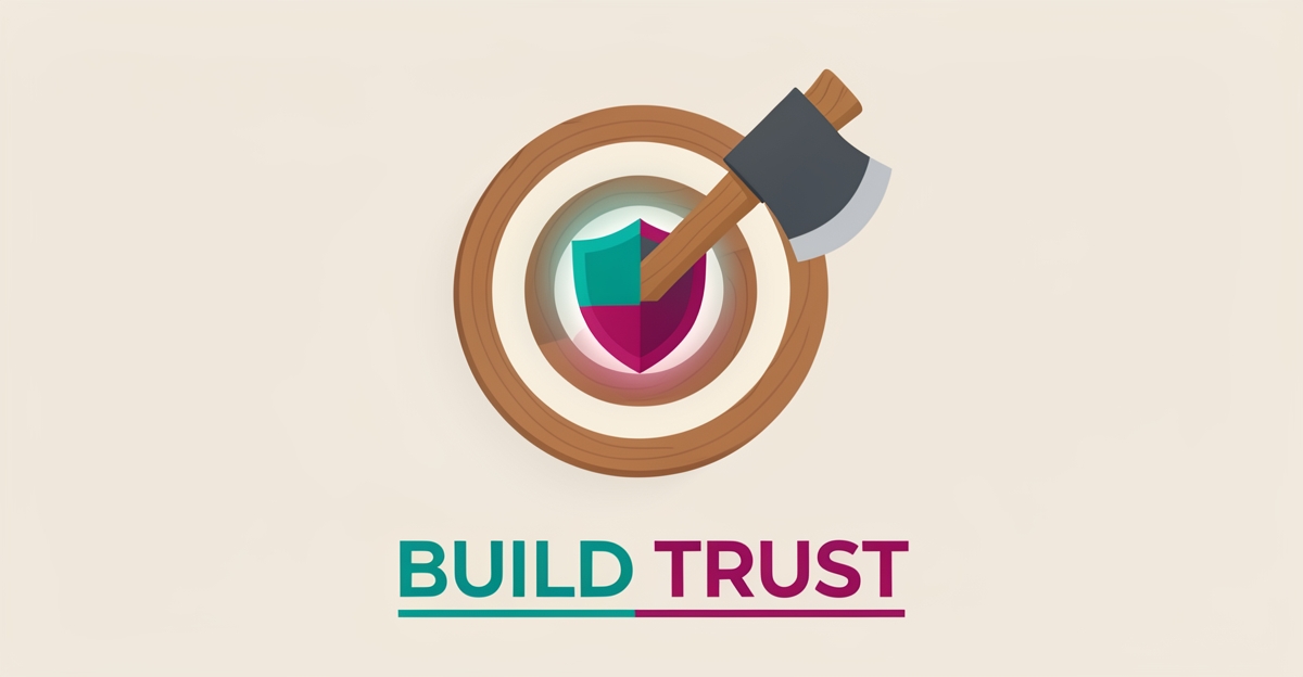 Flat illustration of an axe in a target with a glowing trust shield, accented in teal and magenta, headline reading Build Trust.