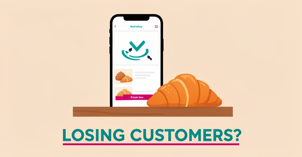 Flat illustration of a smartphone showing a failing bakery website beside fresh bread, with a declining sales arrow and headline 'Losing Customers?'.