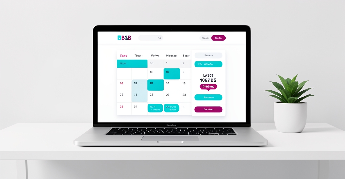 Flat illustration of a B&B website on a laptop showing dynamic pricing and calendar highlights for last-minute bookings, with brand color accents in a clean modern style
