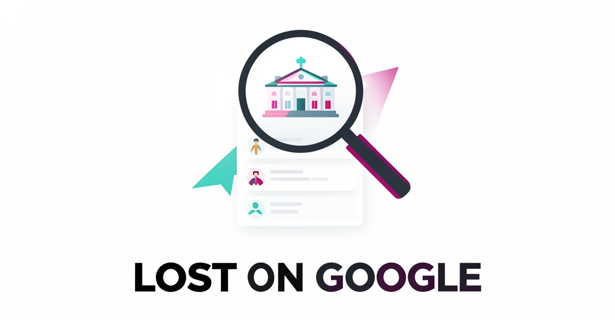 Flat illustration of a magnifying glass over a banquet hall sinking in Google search results, accented in teal and magenta.