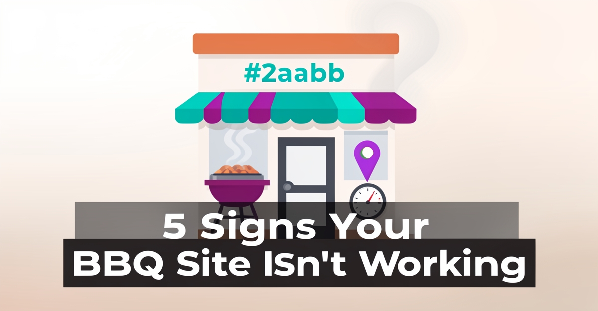 Flat illustration of a BBQ restaurant with subtle grill smoke, Google Maps pin, and speedometer icon, featuring a headline about local SEO issues in the lower third.