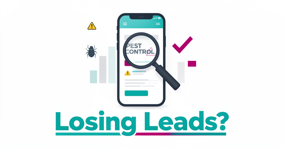 Flat illustration of a smartphone showing a pest control website under a magnifying glass with warning symbols, symbolizing website flaws losing pest control customers.
