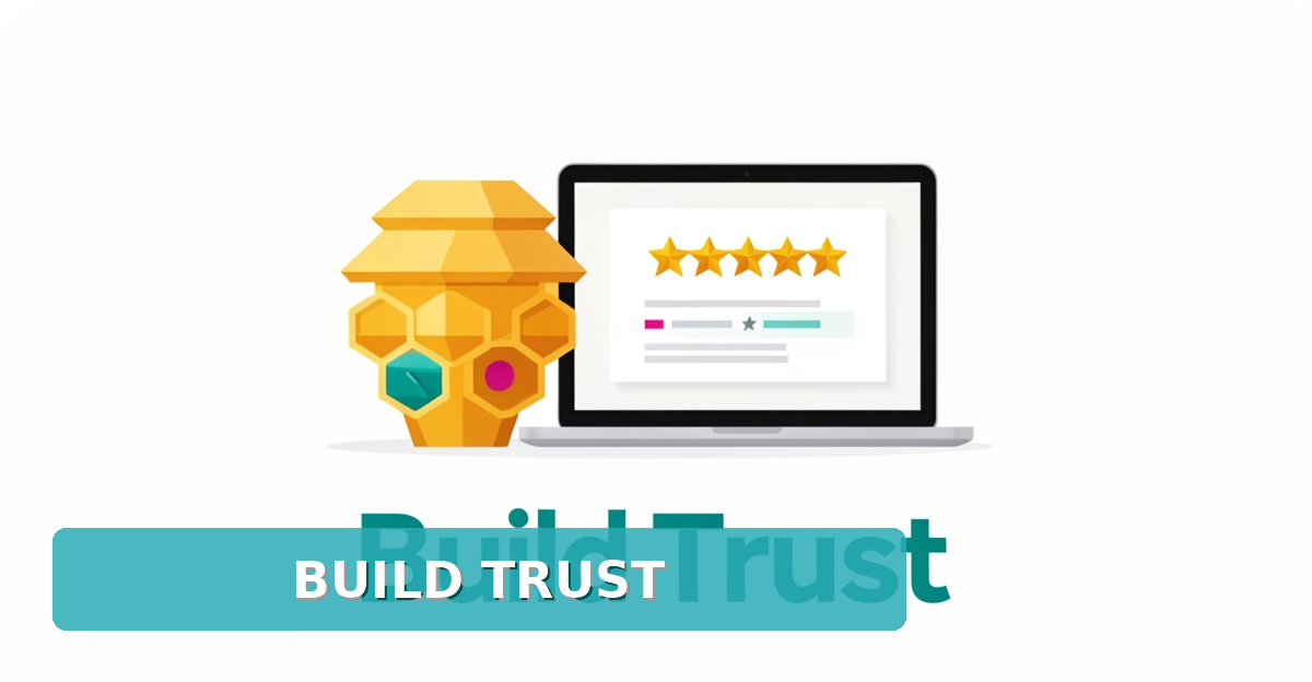 Flat illustration of a beehive beside a laptop showing review stars, representing online trust signals for beekeeping businesses.