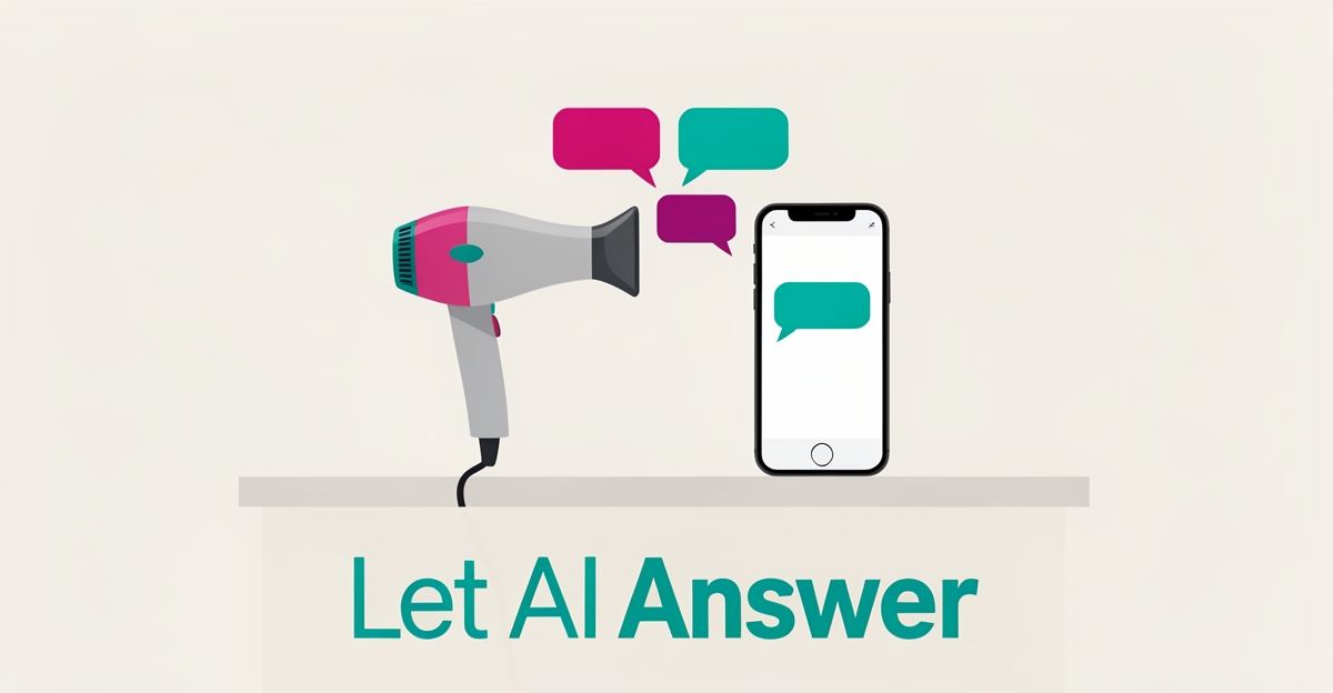 Flat illustration of a hair dryer and smartphone chat bubbles on a salon counter, symbolizing AI handling blow dry bar customer queries.