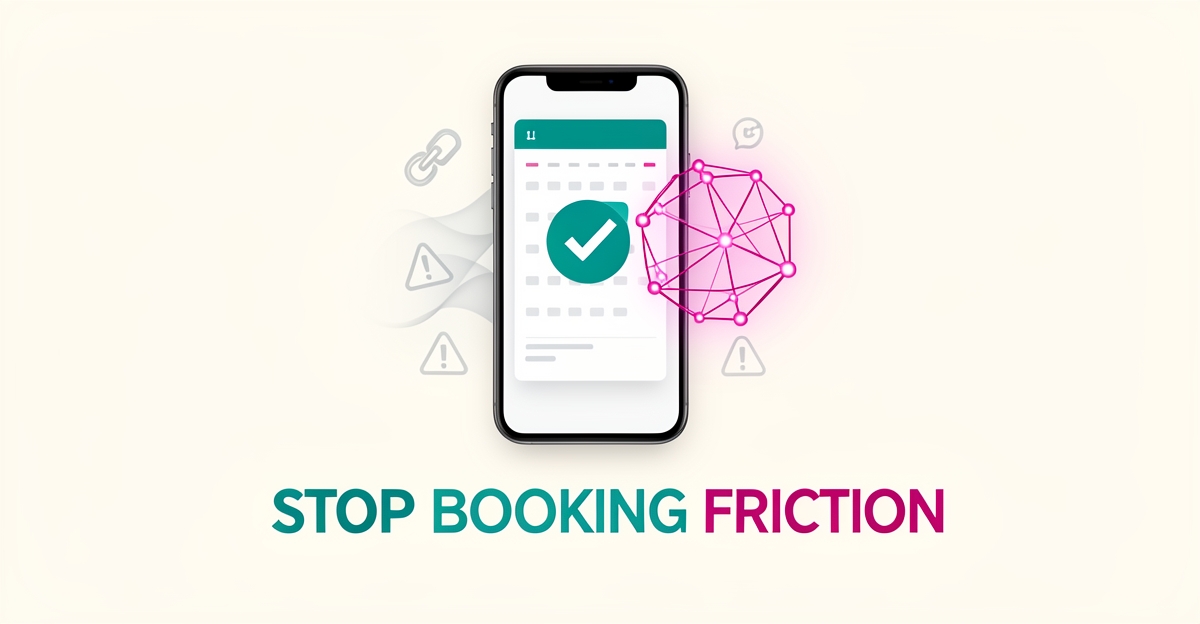 Flat illustration of a smartphone booking app with an AI-powered checkmark dissolving friction symbols, accented in teal and magenta.