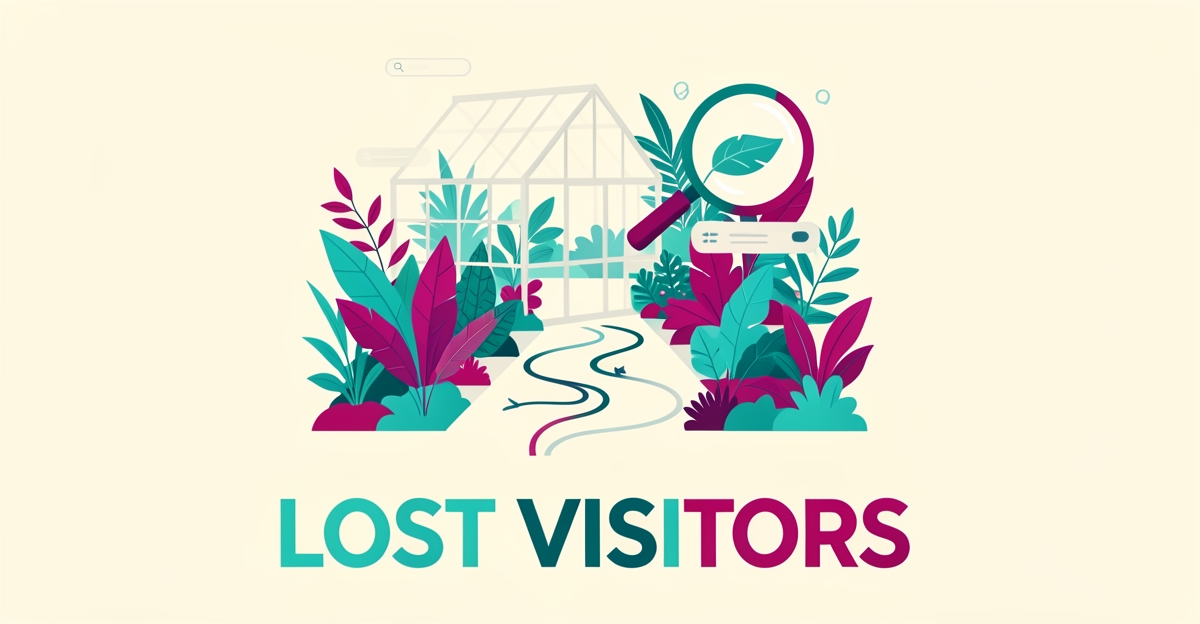 Flat illustration of a botanical garden with digital search elements symbolizing website visitors being lost, accented in teal and magenta.