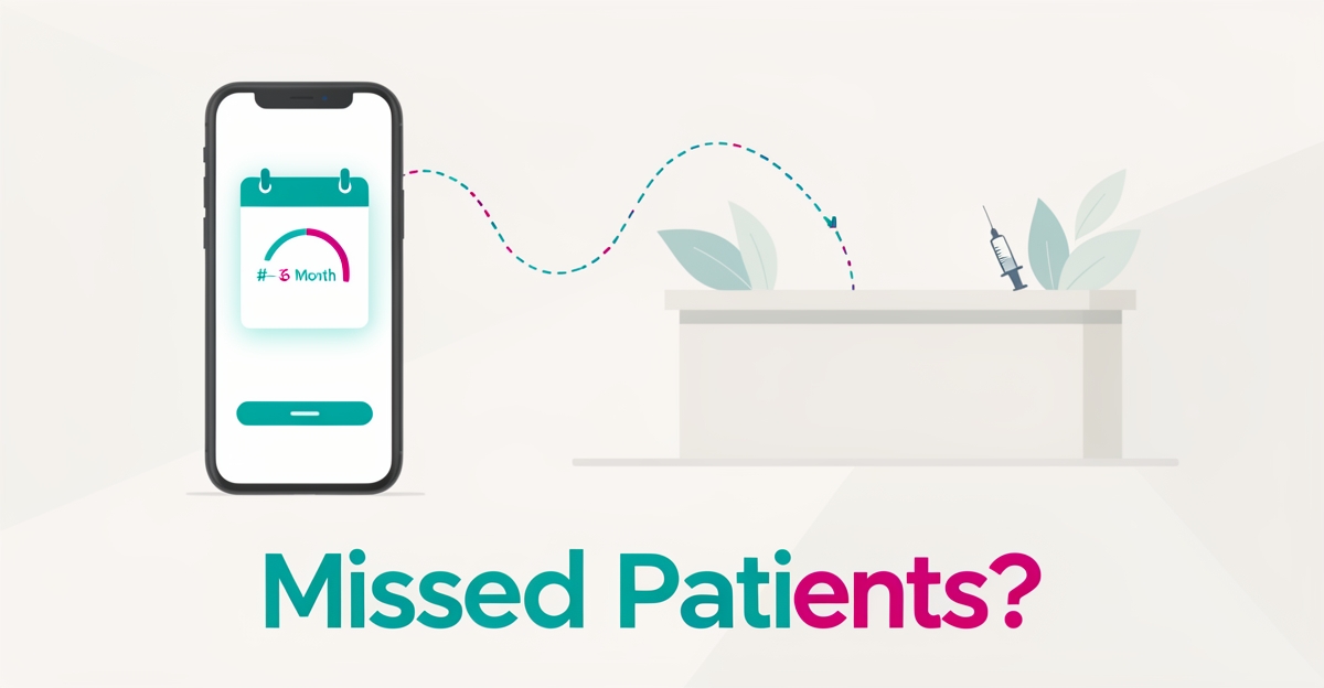 Flat illustration of a smartphone with an AI follow-up reminder linked to a treatment calendar, accented in teal and magenta, headline reading Missed Patients?