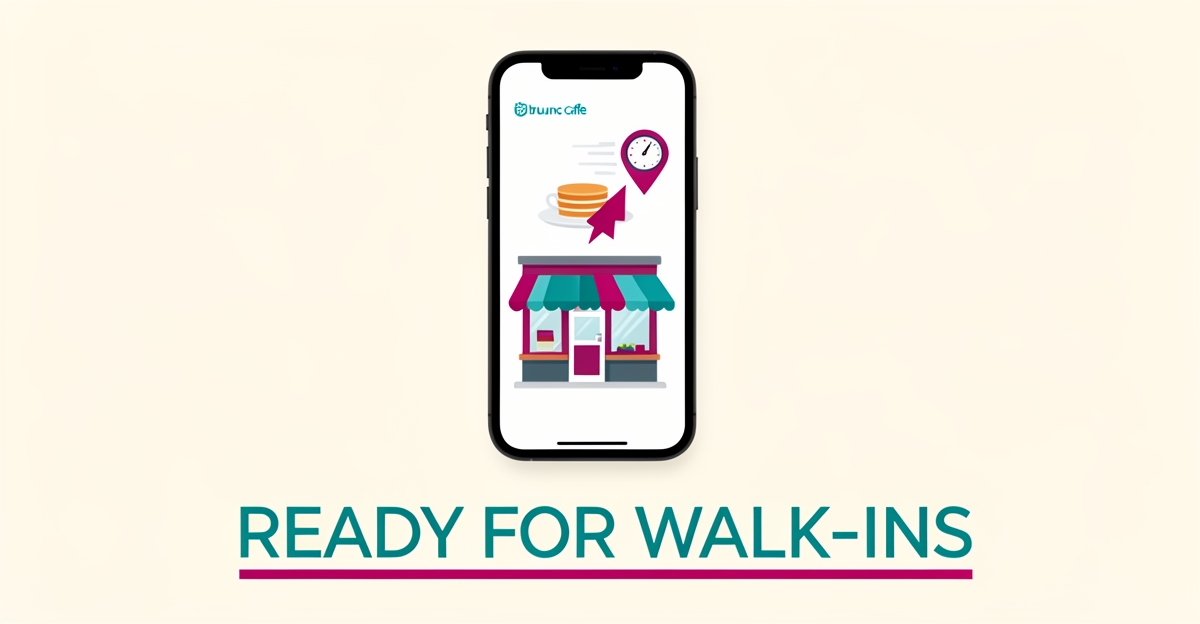 Flat illustration of a smartphone showing a brunch cafe website connected by a location pin to a cozy storefront, accented in teal and magenta.