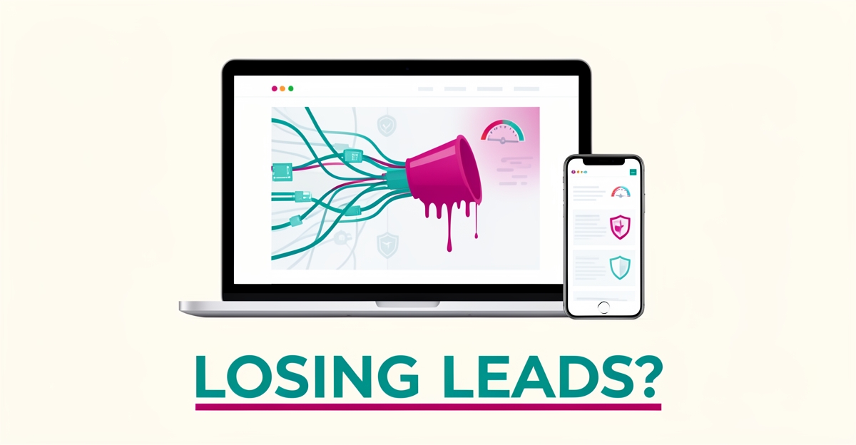 Flat illustration of a laptop and phone with cabling data lines leaking through a funnel, headline reading 'Losing Leads?'