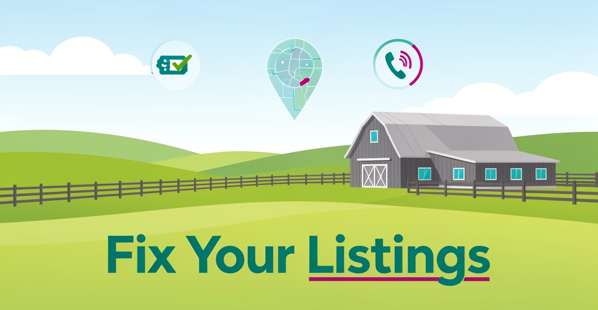 Flat illustration of a cattle ranch with digital accuracy icons and headline Fix Your Listings.