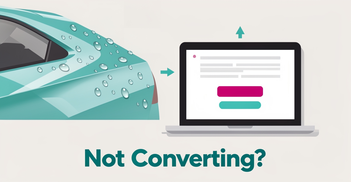 Flat illustration of a glossy ceramic-coated car panel beside a laptop wireframe with a bold CTA button, accented in teal and magenta, with headline 'Not Converting?'