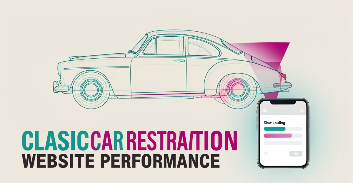 Flat illustration of a classic car outline and mobile phone showing lost leads on a restoration website.