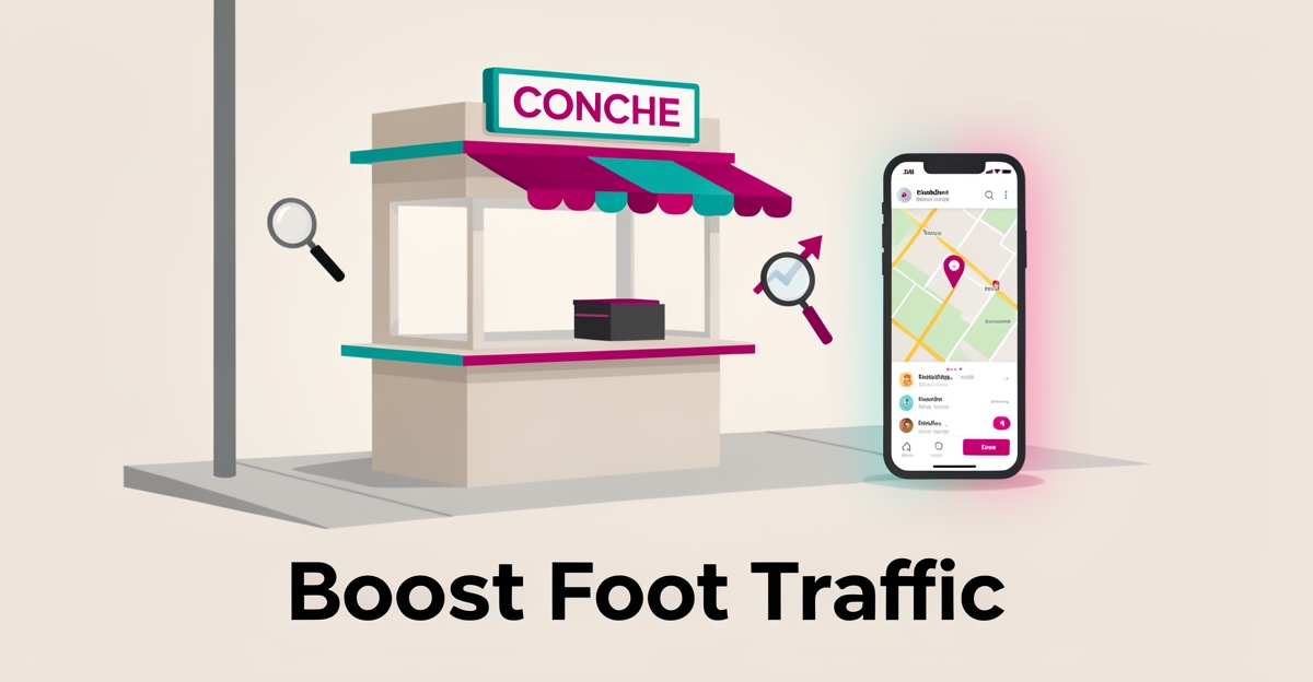 Flat illustration of an empty concession stand and phone search showing low foot traffic and local SEO issues.