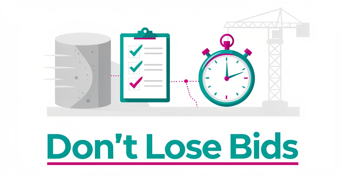 Flat illustration of a stopwatch, concrete sample, and clipboard symbolizing how slow quote responses cost construction testing labs winning bids.
