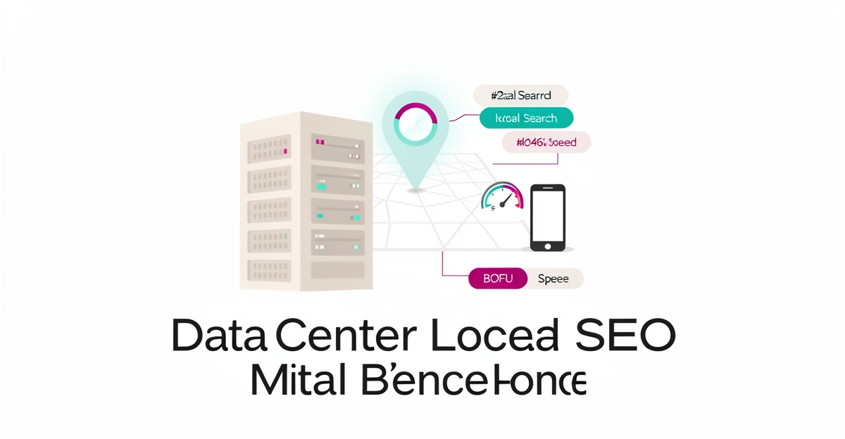 Flat illustration of data center and map pin showing local SEO visibility gaps for data center websites.