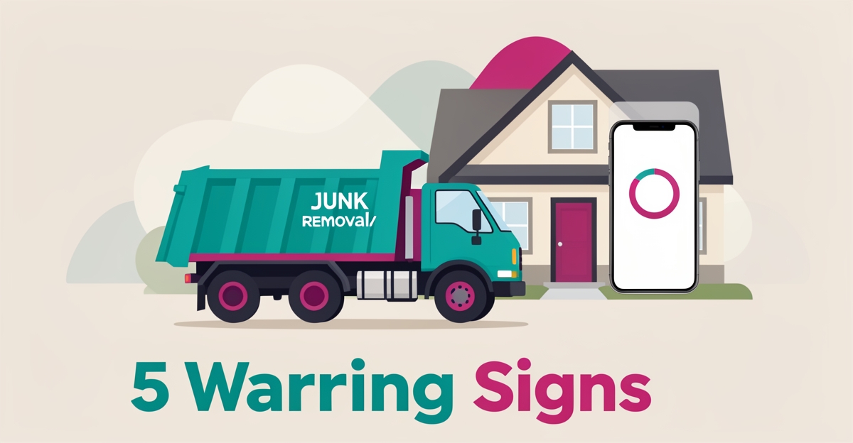Flat illustration of a debris hauling dump truck beside a slow-loading smartphone screen with the headline 5 Warning Signs.
