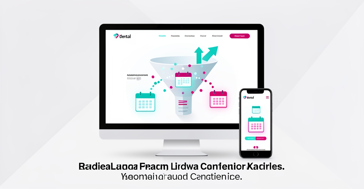 Flat illustration of a dental website funnel converting visitor dots into appointment calendar icons in teal and magenta, with headline Turn Clicks Into Patients.