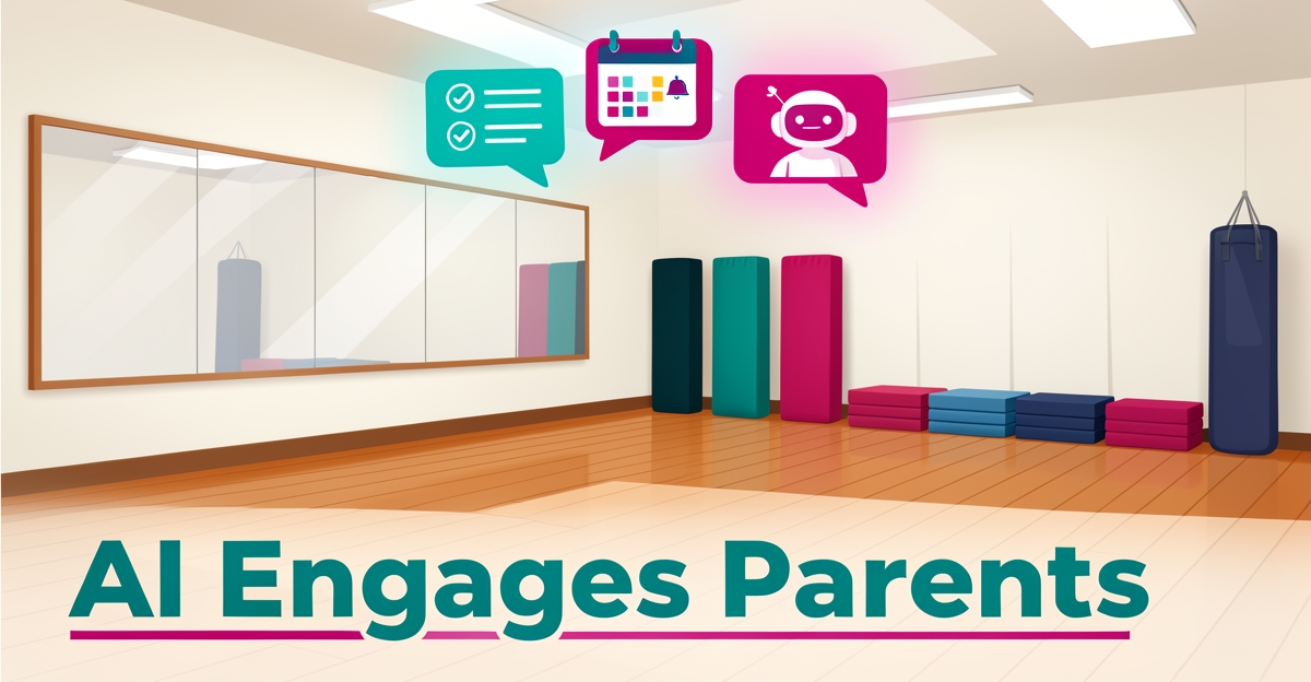 Dojo interior with floating AI chat icons in teal and magenta, showing automated parent engagement tools.