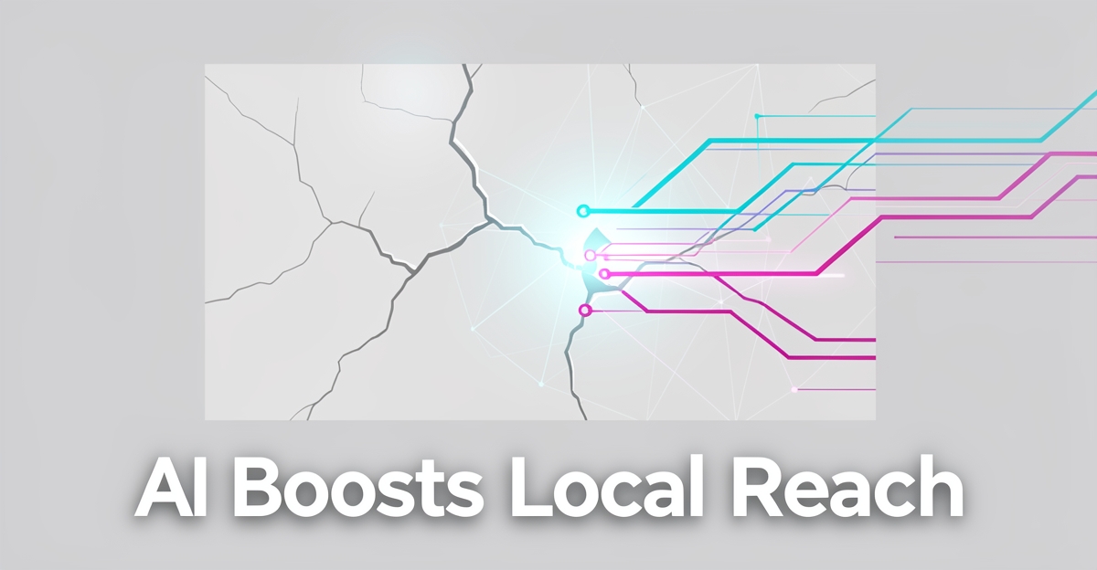 Modern flat illustration of a drywall wall being repaired by AI data streams, with brand-colored accents and the headline 'AI Boosts Local Reach' in the lower third.