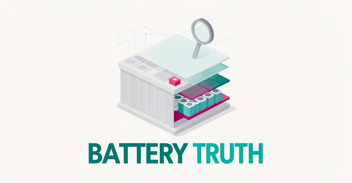 Flat illustration of a transparent electric vehicle battery revealing hidden internal cells, symbolizing the need for battery transparency in fleet websites.