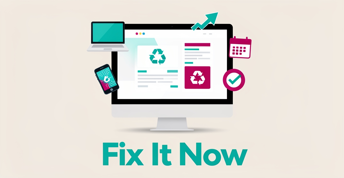 Flat illustration of an electronics recycling website on a monitor with booking icons, accented in teal and magenta, headlined Fix It Now.
