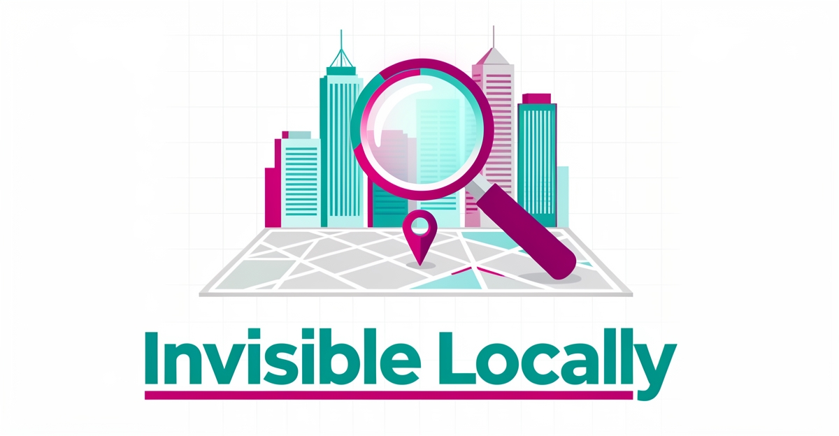 Flat illustration of a magnifying glass over a map pin in a city business district with the headline 'Invisible Locally'.