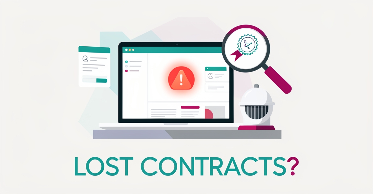 Flat illustration of a laptop showing a fire alarm website with warning indicators and conversion gap icons, accented in teal and magenta.