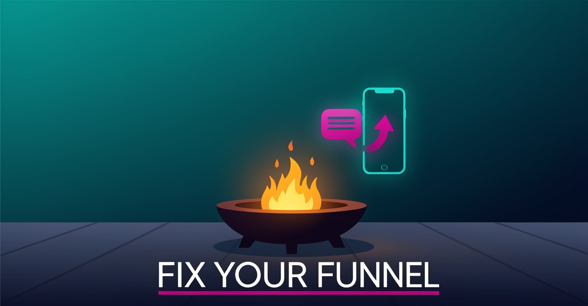 Flat illustration of a glowing fire pit beside a smartphone with chat and growth icons, accented in teal and magenta, symbolizing AI-driven website conversions.