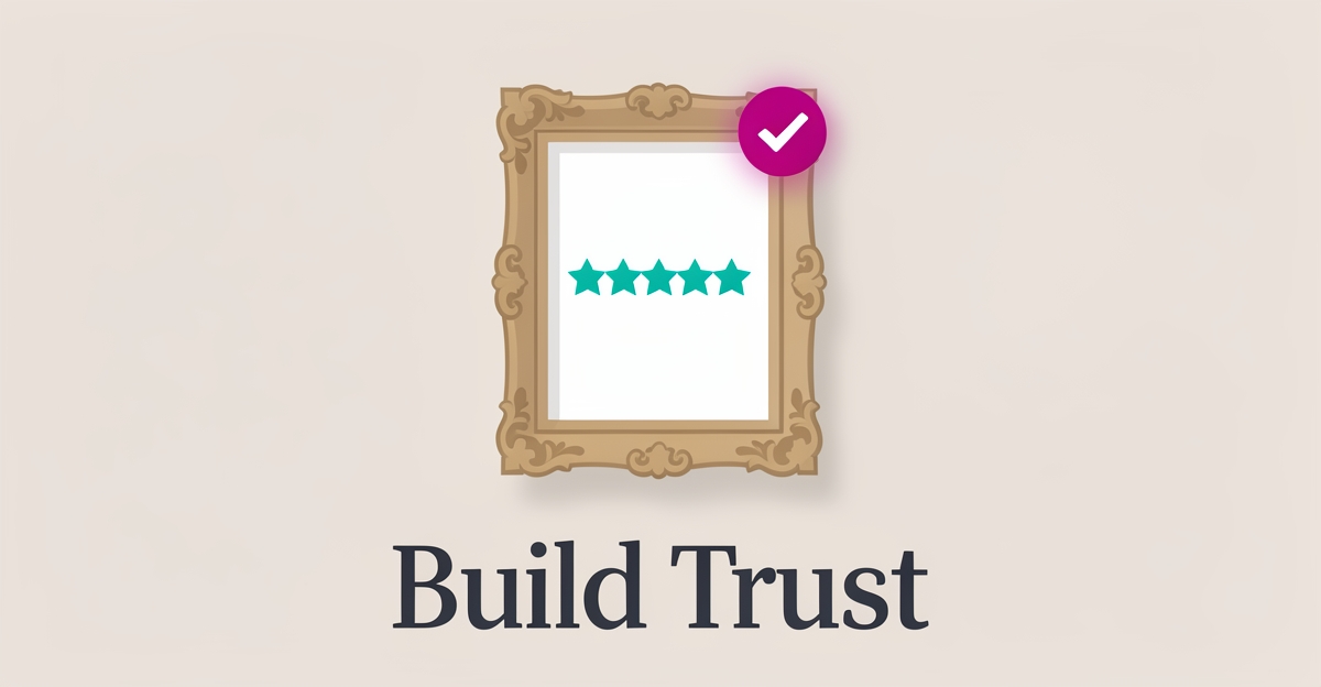 Flat illustration of a picture frame with a five-star rating and trust badge symbolizing website trust signals for framing shops.