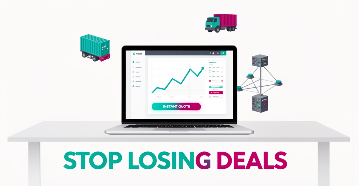 Flat illustration of a freight dashboard on a laptop with declining conversion graph and shipping icons, accented in teal and magenta.