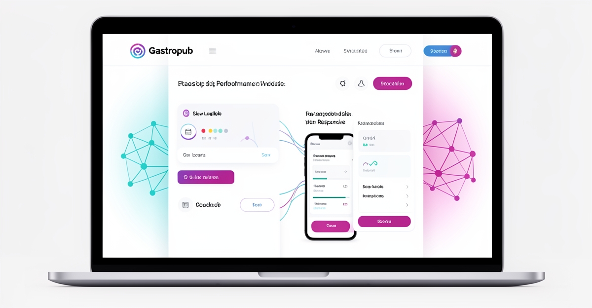 A minimalist flat illustration of a gastropub website with performance issues, enhanced by AI-driven accents in brand colors, suggesting the need for an intelligent upgrade.