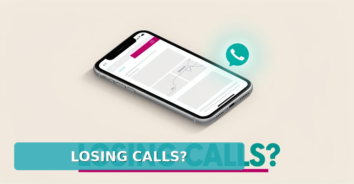 Flat illustration of a smartphone showing a faded website wireframe with empty placeholders and a missed-call icon, headline reading Losing Calls?